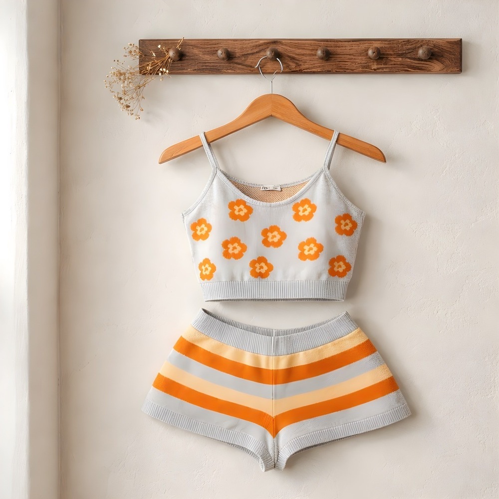 Zara Knit Set Women Size Large Blue Orange Excellent Floral Striped Retro Beach